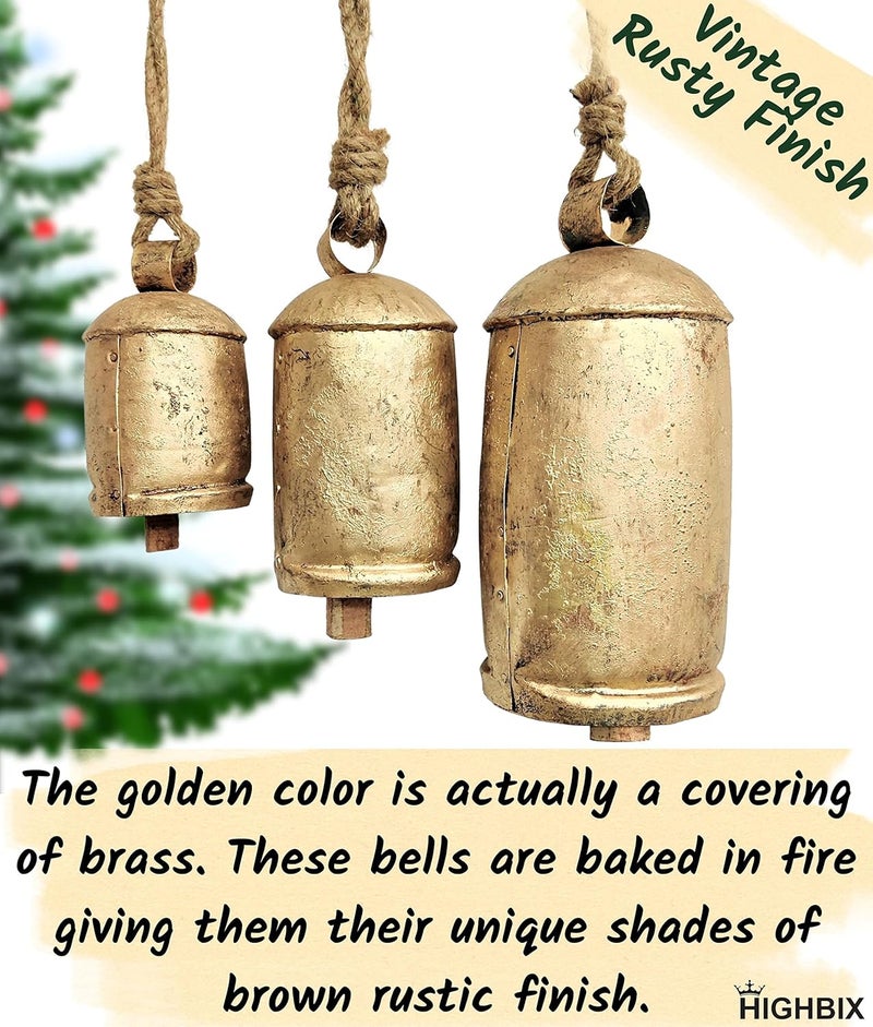 HIGHBIX Set of 3 Giant Harmony Cow Bells Huge Vintage Shabby Chic Handmade Rustic Lucky Christmas Hanging XL Bells On Rope Country Rustic (Extra Large) - Image 5